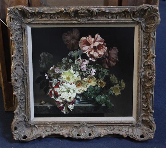 § Bennett Oates (1928-2009) Still life of flowers in a glass vase, on a ledge, 18 x 20in.